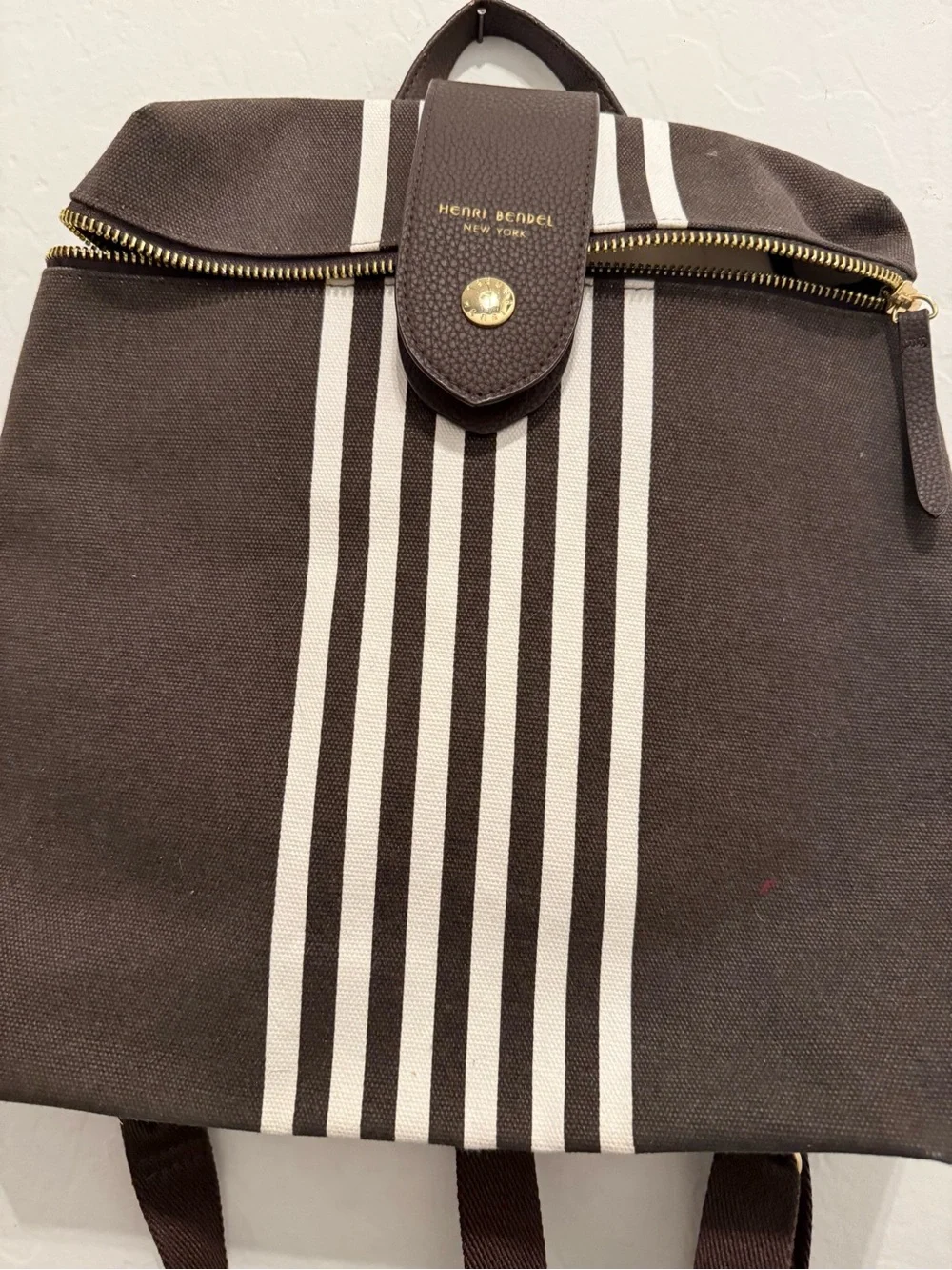 henri bendel Brown and White Striped Canvas Duffel